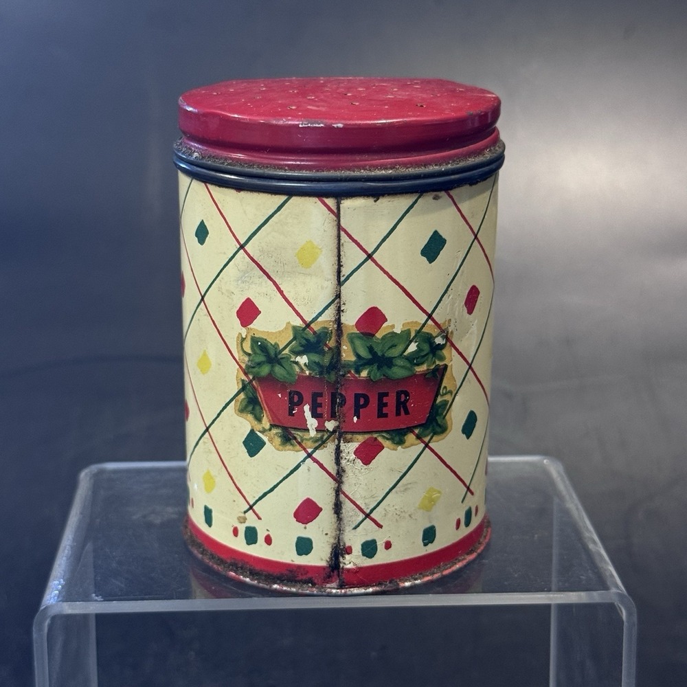 Vintage 40s Tin Pepper Shaker Single Red Rose Lithograph Red Lid Slight Rust - Picture 3 of 9